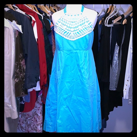 ☀️Lilly Pulitzer Dress Size 12 Halter Turquoise - Picture 2 of 6